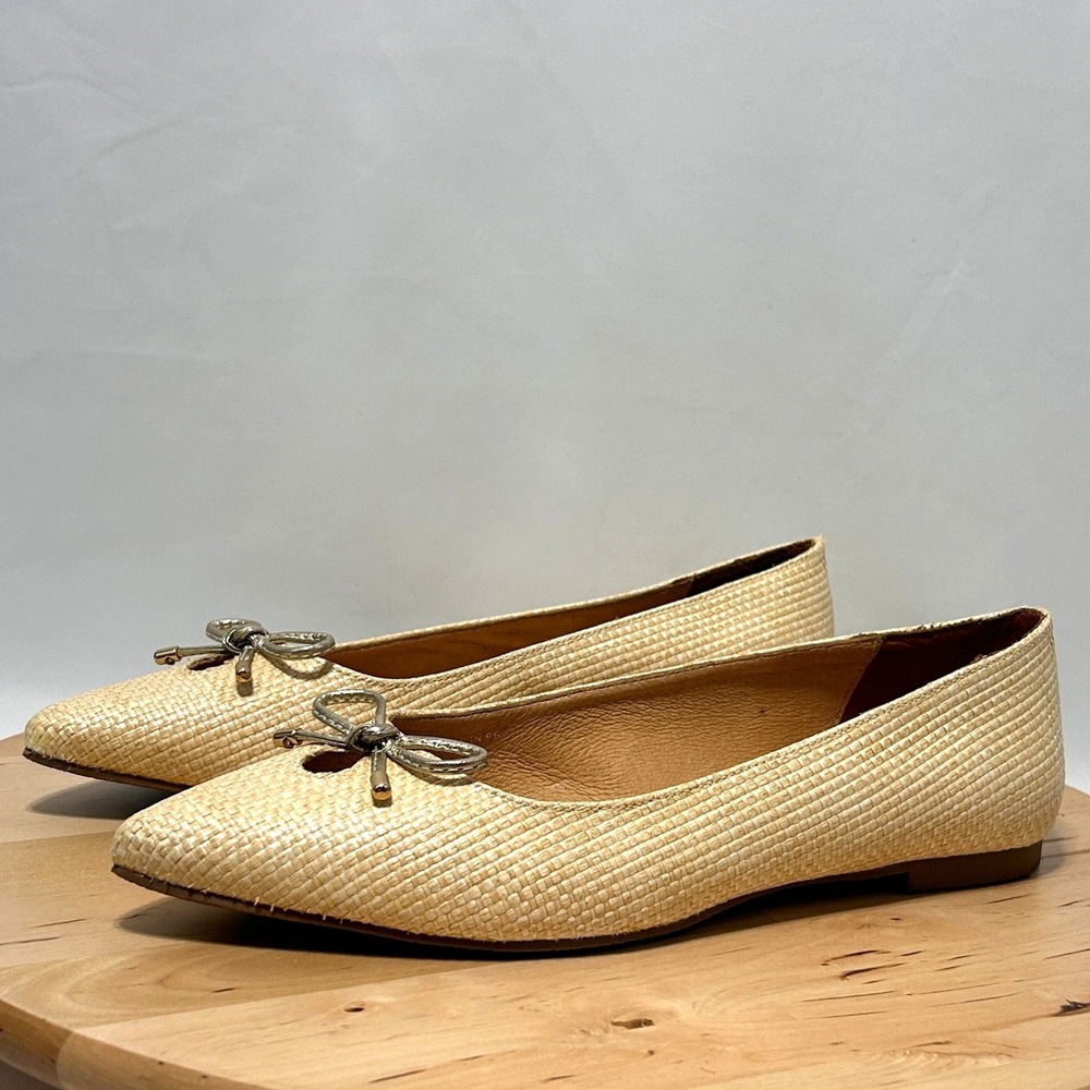 Jack Rogers Woven Raffia Pointed Toe Ballet Flats Beige Metallic Bow - Size 8.5M - Picture 5 of 12